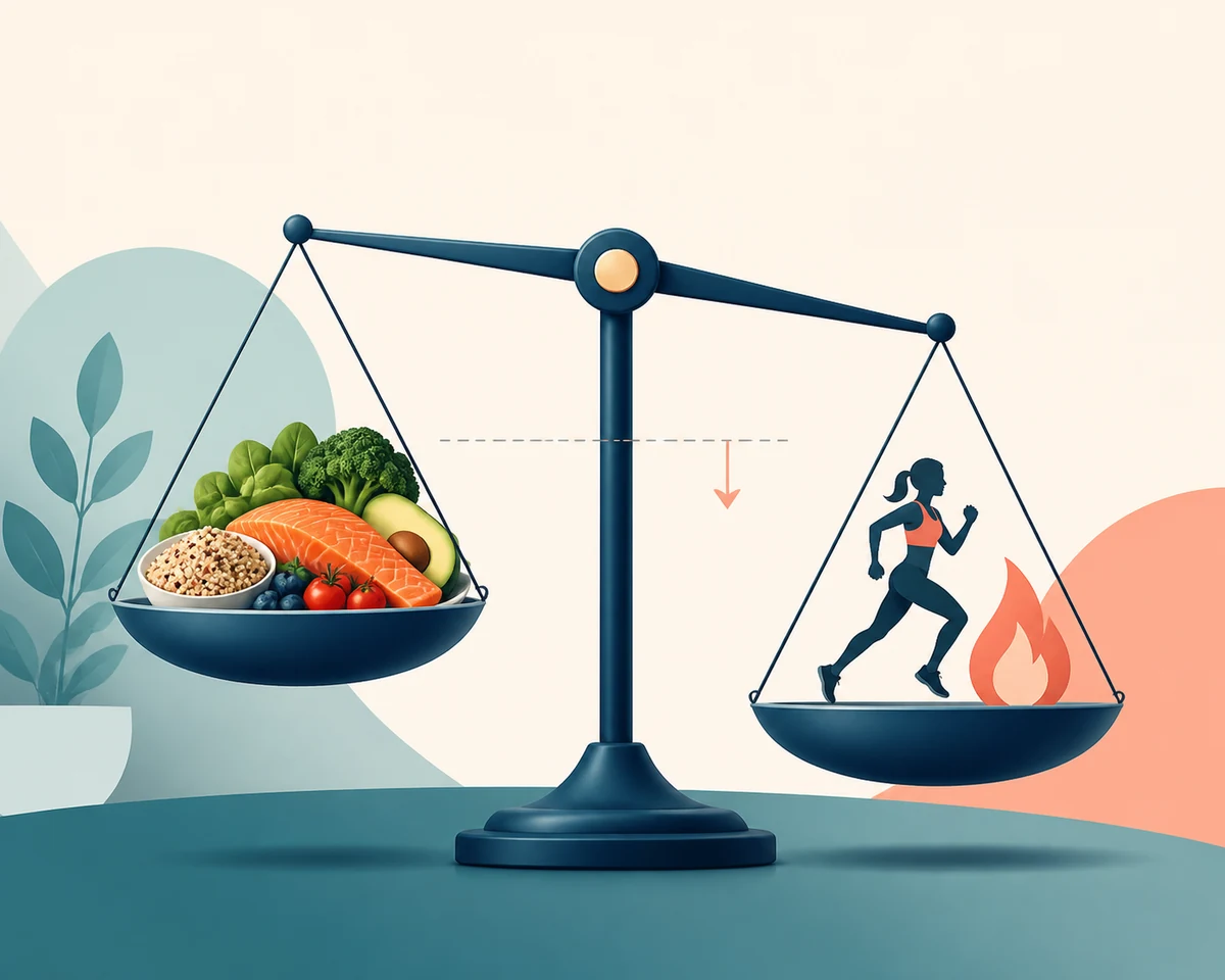 Redaktionelle Illustration einer Waage mit Essen und täglichem Energieverbrauch