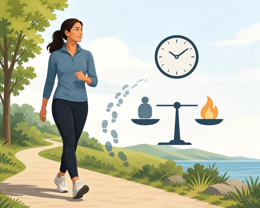 Redaktionelle Illustration einer gehenden Person neben Uhr, Fußspuren und Energieskala
